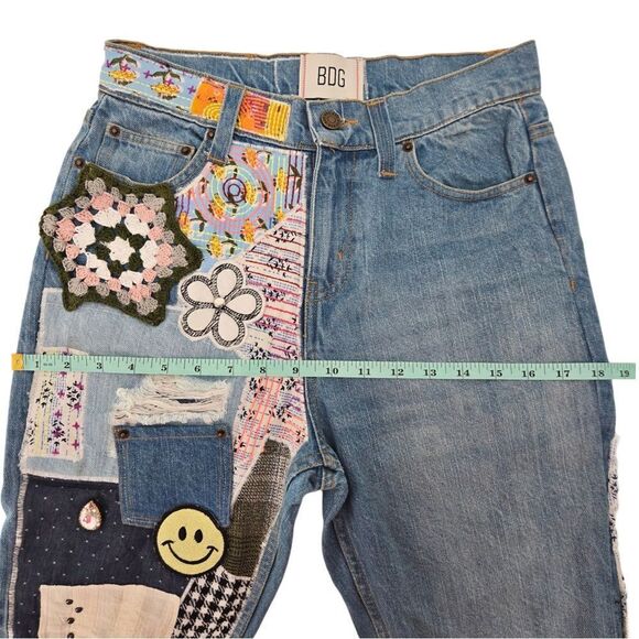 BDG Urban Outfitters High-Waisted Flare Patchwork Craft Jeans Indigo 26 - Picture 10 of 12